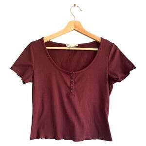 Pink Rose Large Burgundy Red Henley Crop Top Ribbed Short Sleeve Snap Button